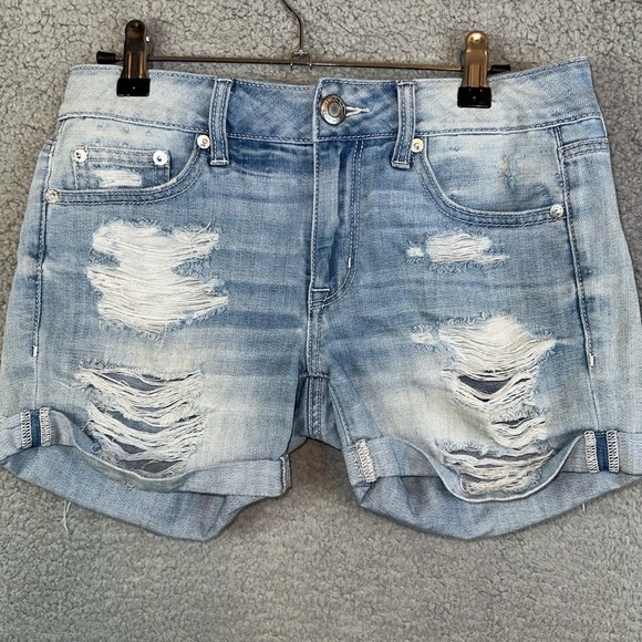 American Eagle Outfitters Shorts Womens 0 Blue Distressed Boy Midi Stretch Denim - Picture 1 of 6